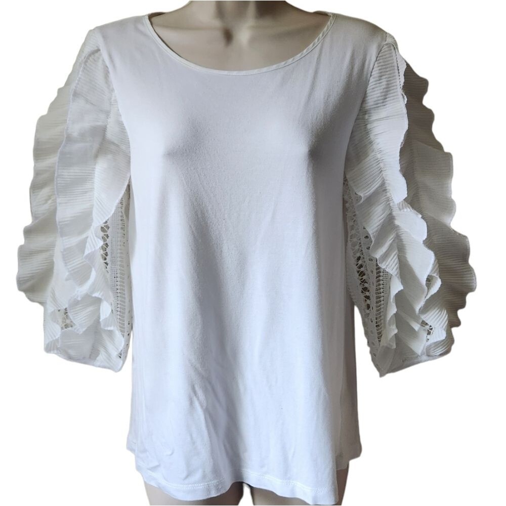 Anthropologie Calligraphie Top White Lace Ruffle Embroidered Puffed‎ Sleeve S